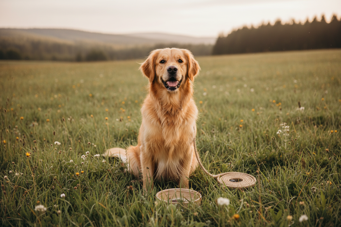 Happy dog in a lush green field representing natural, chemical-free pet care
