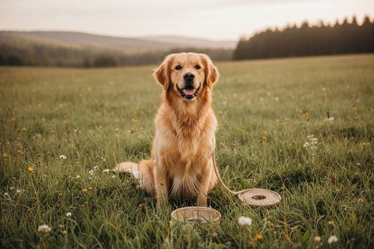 Happy dog in a lush green field representing natural, chemical-free pet care