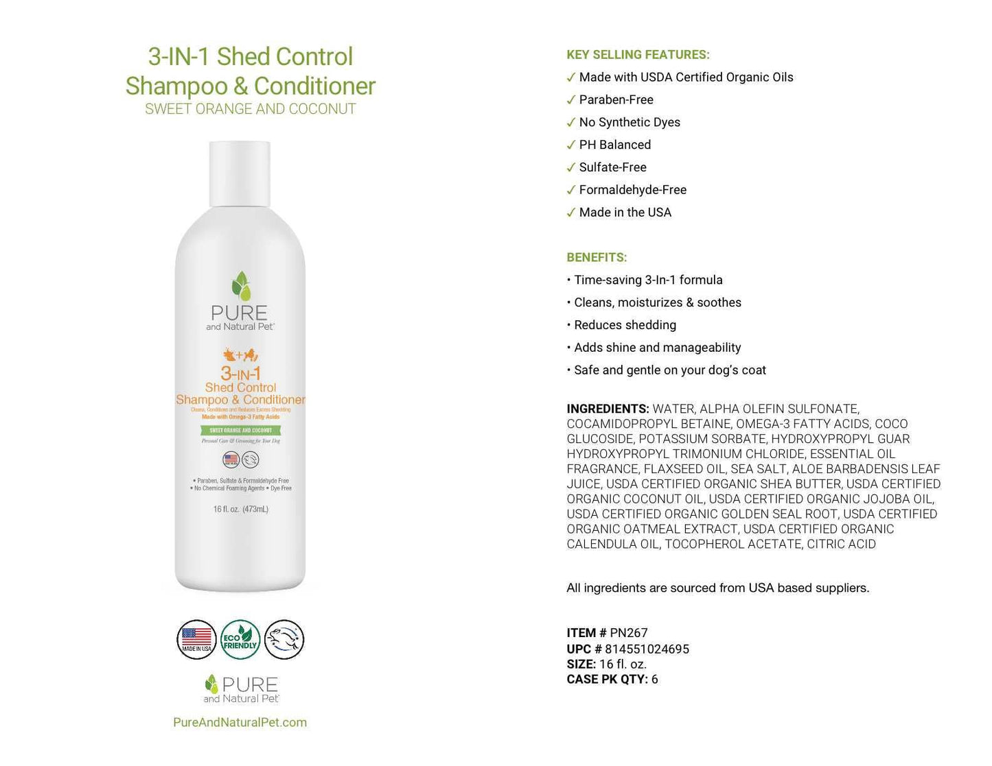 Pure and Natural Pet Sweet Orange & Coconut Shed Control Shampoo & Conditioner – 16 fl. oz