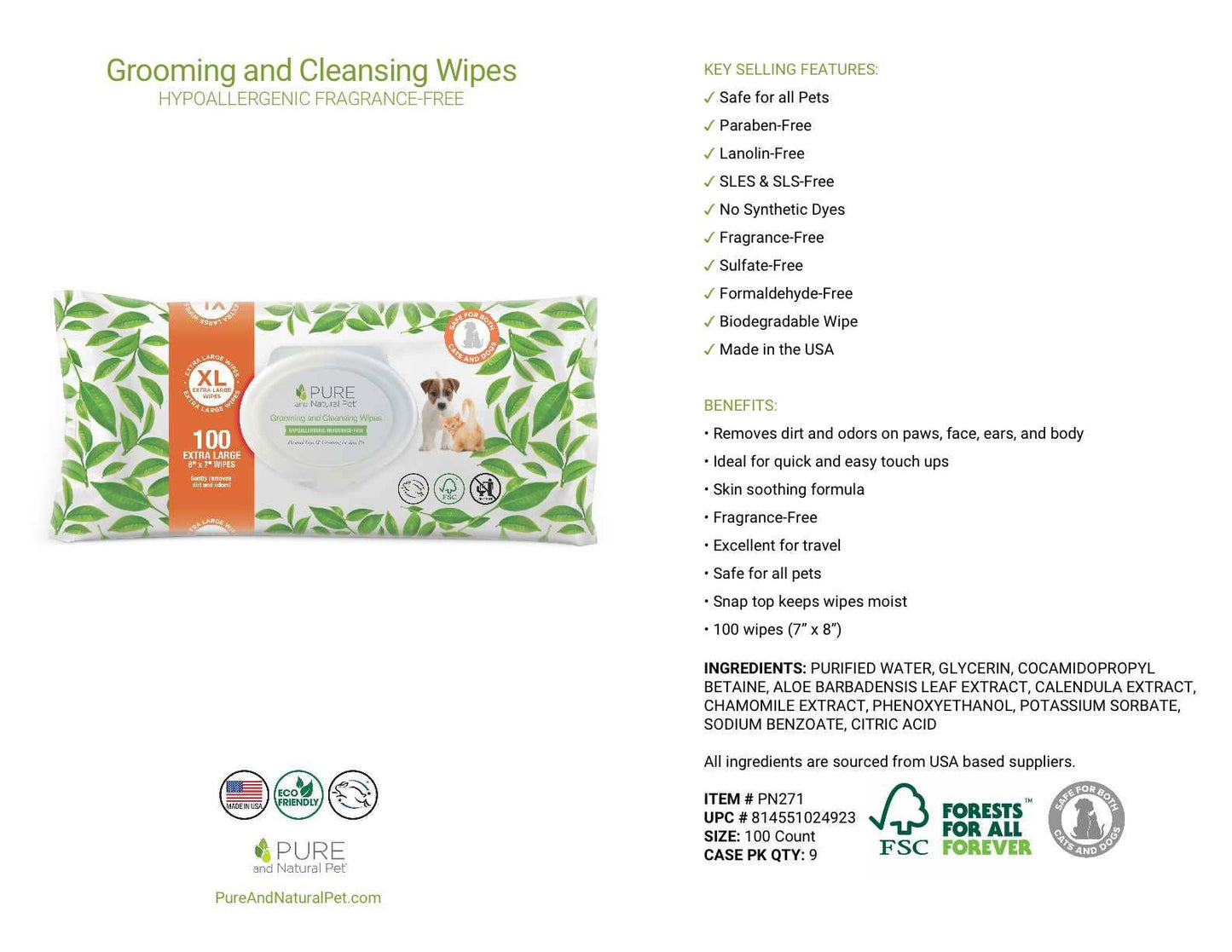 Pure and Natural Pet Gentle & Safe Pet Wipes – 100 Count